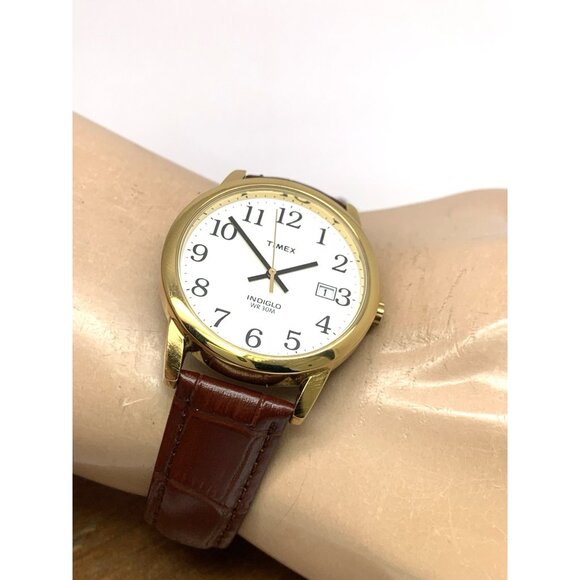 Timex Men's Watch T2H301 Quartz Indiglo White Dial Date Gold Brown Leather 35mm - Picture 5 of 14